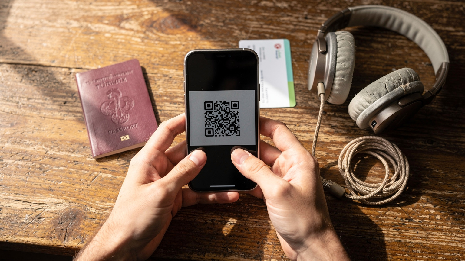 Bir hostelin ortak alanında, ahşap bir masada, bir gezginin pasaportu, anahtarı ve akıllı telefonuyla, telefon ekranında bir QR kodunu tarayarak eSIM kurulumunu tamamladığı an.