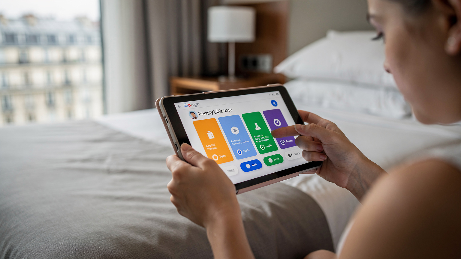 Bir annenin eli, çocuğunun tabletinde Google Family Link uygulamasını ayarlarken görünüyor. Arka planda bir otel odası penceresinden şehir manzarası var.