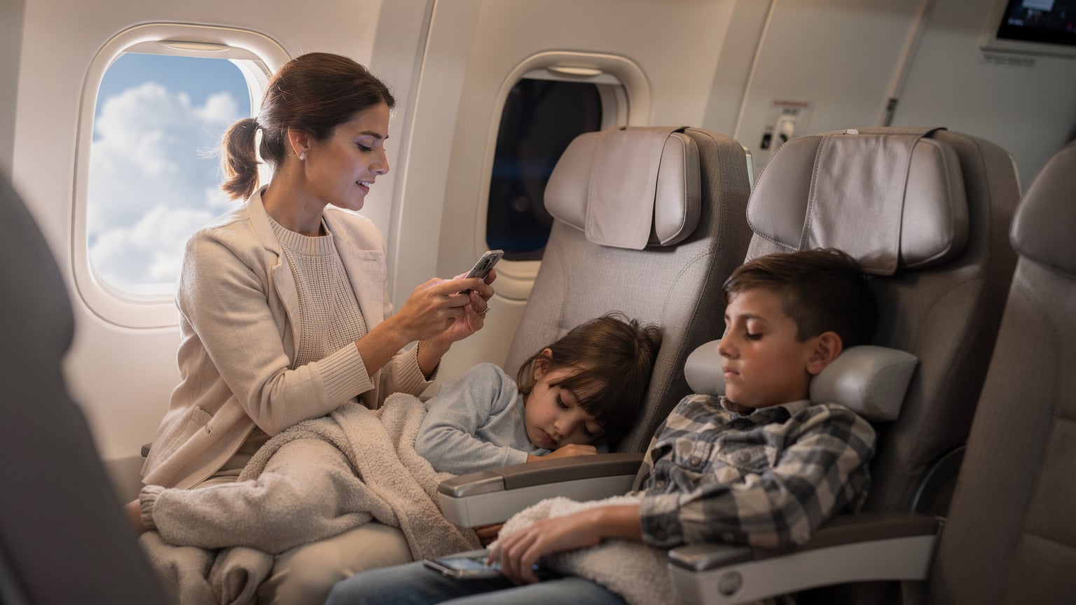 Bir ebeveyn, uçakta pencere kenarında otururken telefonundaki eSIM uygulamasını kontrol ediyor. Çocukları arka planda uyuyor.