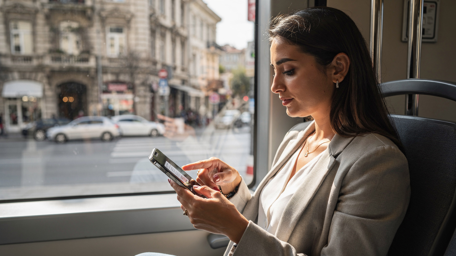 İstanbul'da bir tramvayda seyahat eden bir kadın, telefonunda eSIM profillerini kontrol ediyor. Dışarıda tarihi binalar ve kalabalık bir cadde görünüyor.