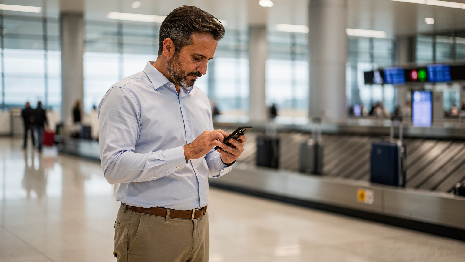 Bir seyyah, İstanbul Havalimanı (IST) gelen yolcu salonunda, bagajını beklerken telefonunda eSIM kurulum adımlarını kontrol ediyor. Arka planda hareketli terminal atmosferi.