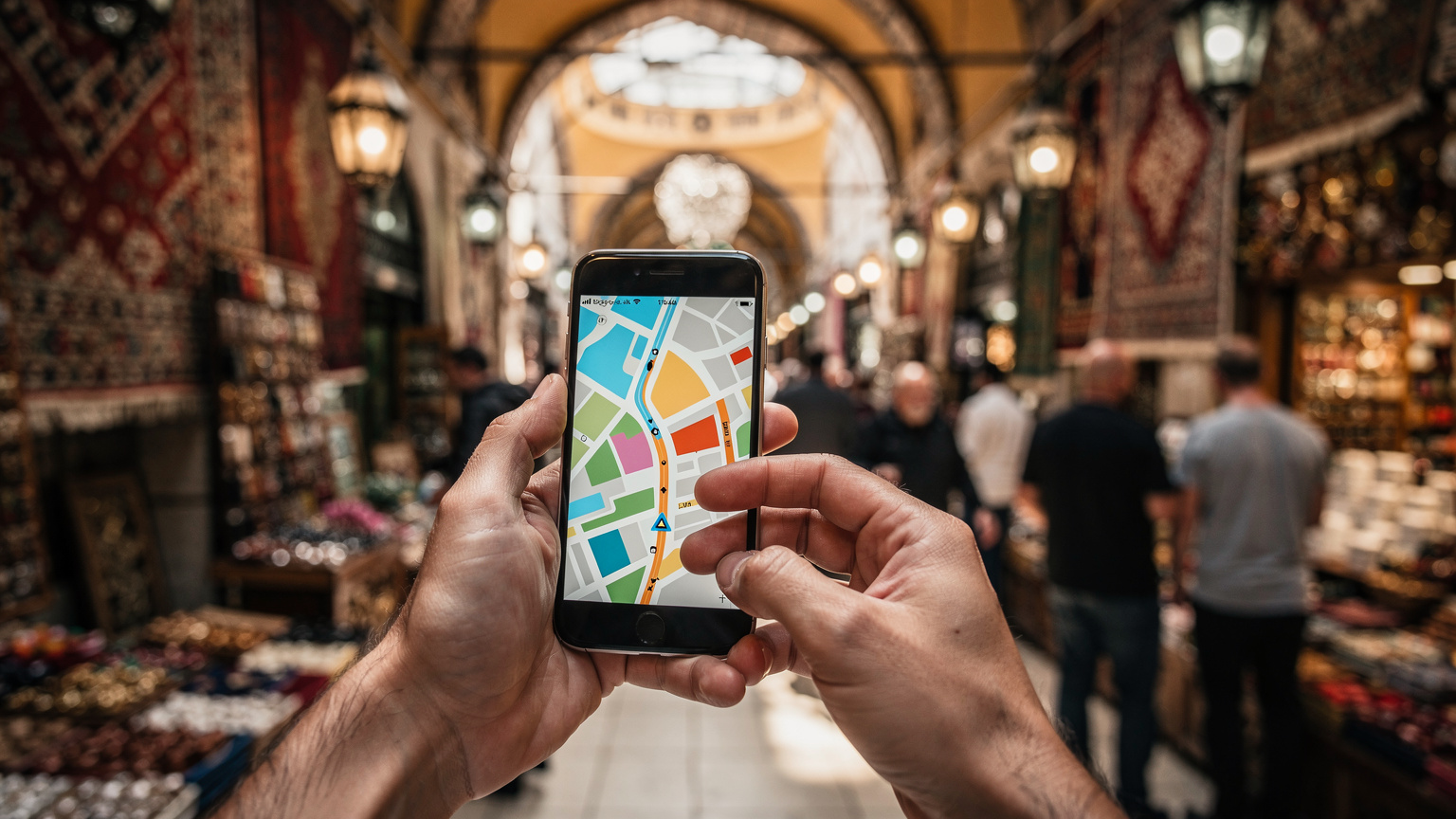 A close-up view of a traveler's hands holding a smartphone displaying a map application, while navigating through the bustling Grand Bazaar in Istanbul.