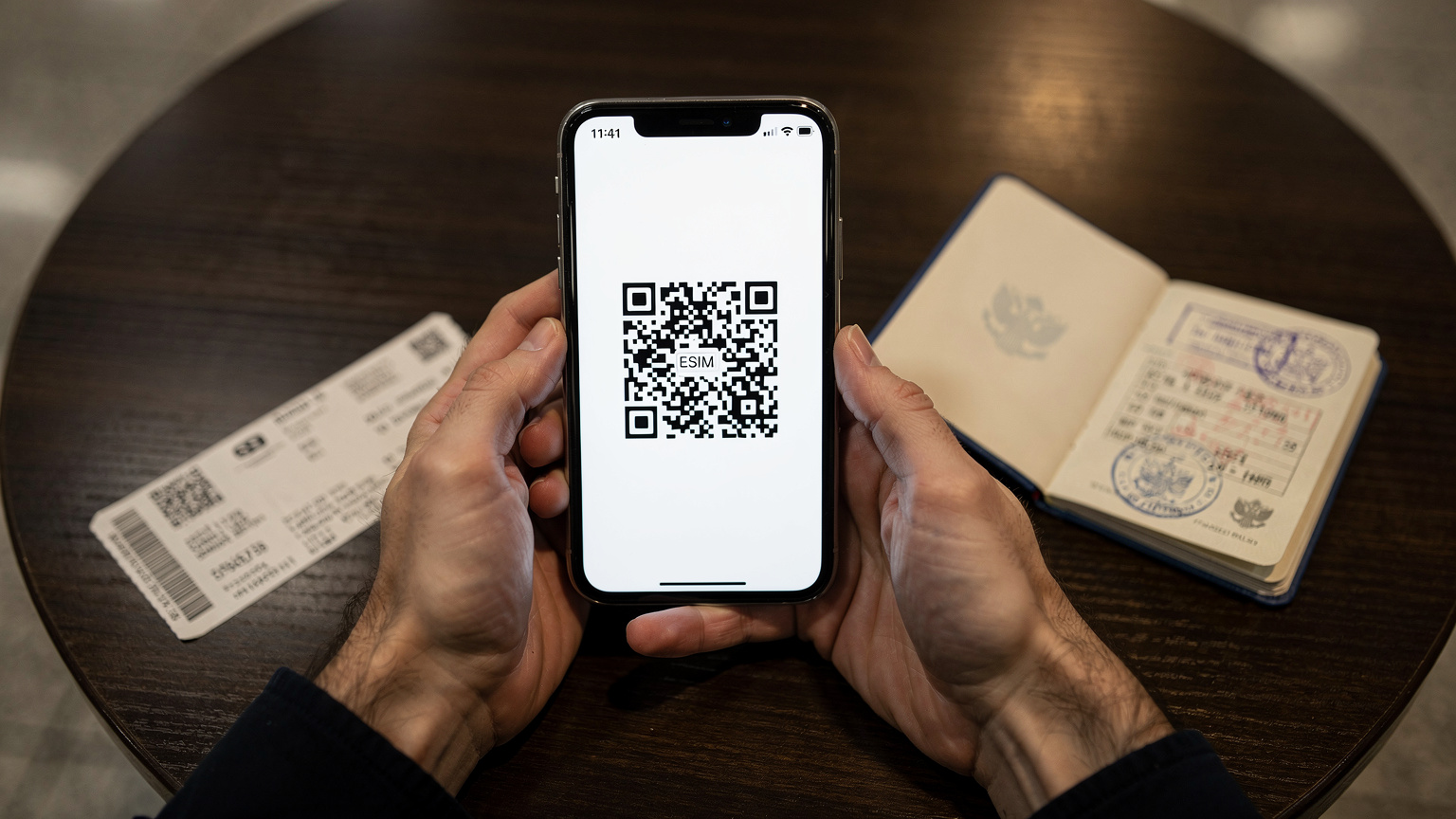 Manos de un viajero sosteniendo un smartphone, mostrando la pantalla de configuración de una eSIM con un código QR, con una tarjeta de embarque y un pasaporte sobre una mesa de café en el aeropuerto.