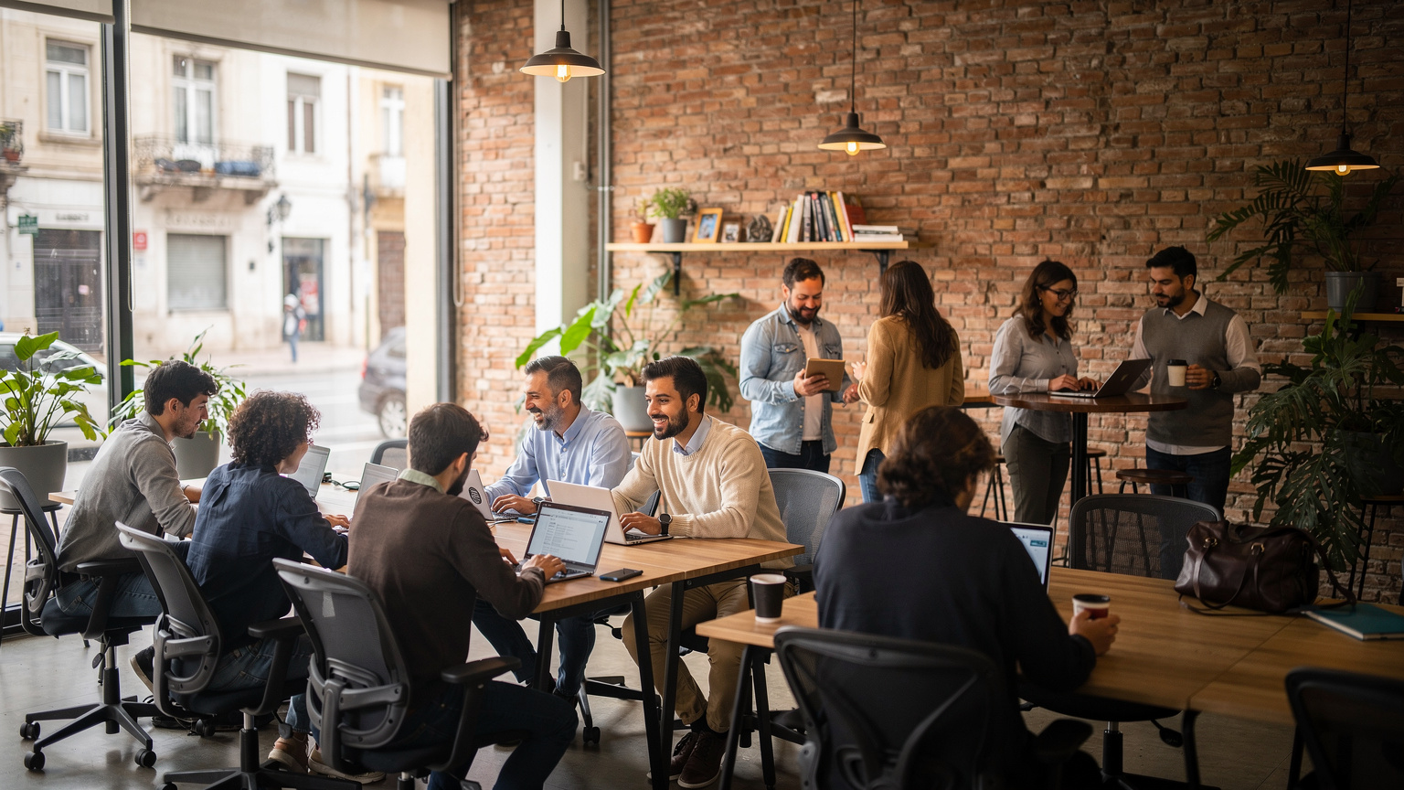 Un grupo de nómadas digitales trabajando en el espacio de coworking Sinergia Cowork en el barrio de Palermo, Montevideo, con laptops, tazas de café y un ambiente colaborativo y moderno.