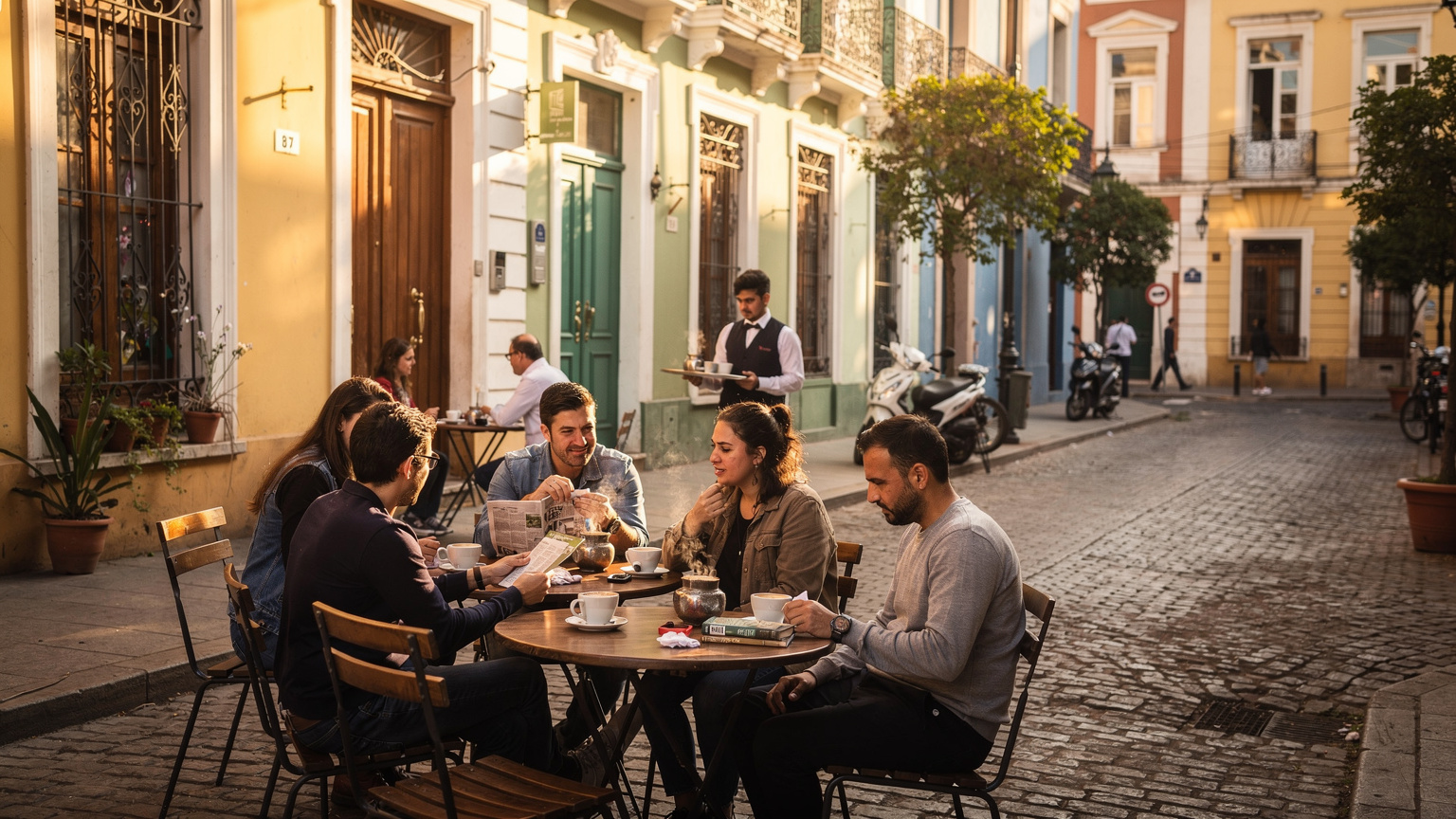 Un café acogedor en el barrio de Ciudad Vieja en Montevideo, Uruguay, con gente sentada en mesas al aire libre, disfrutando de bebidas y el ambiente relajado de la calle peatonal, con edificios históricos al fondo.