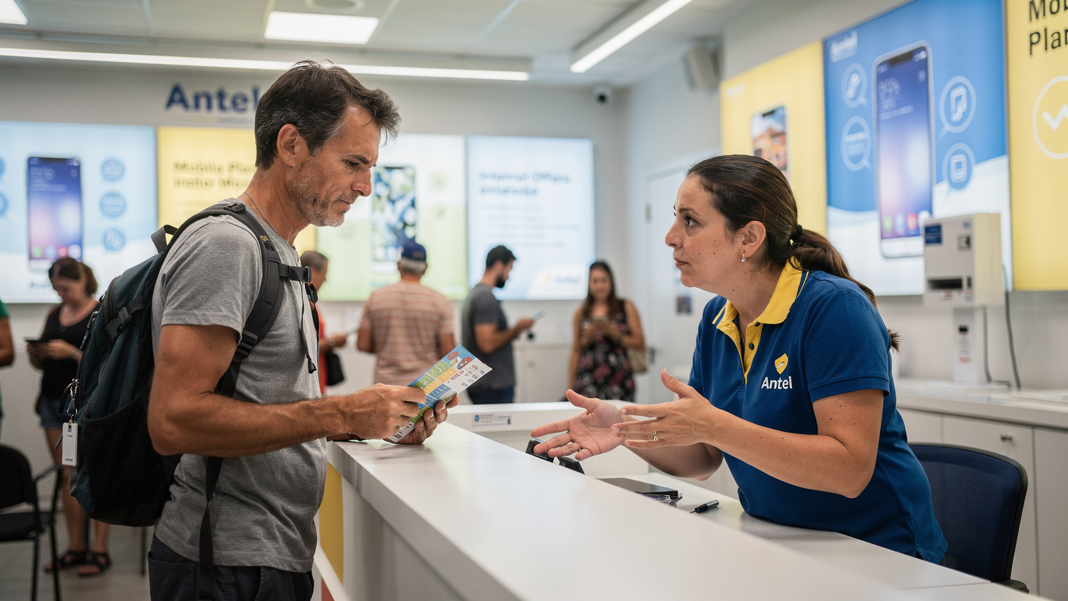 Un turista frustrado en una tienda de telefonía Antel en Montevideo, Uruguay, mirando un folleto de planes mientras una empleada le explica algo, con otros clientes esperando discretamente.