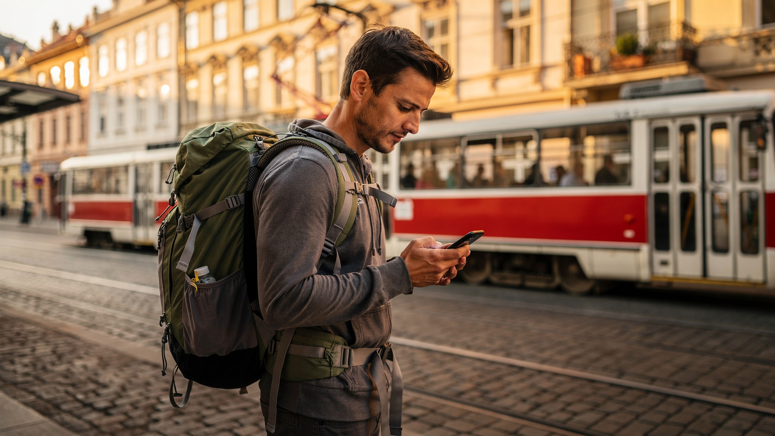 Ein Reisender steht an einer Bushaltestelle in Prag, die Straßenbahn fährt vorbei, während er konzentriert auf seinem Smartphone seine Datenstatistik prüft, um den Verbrauch zu überwachen.