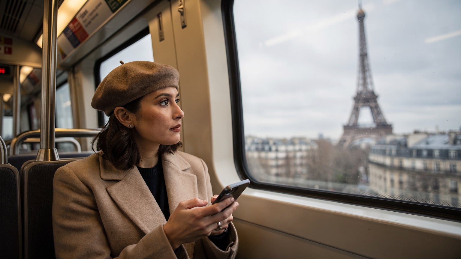 Bir kadın, Paris Métro'sunda, RER treninin penceresinden dışarı bakarken elindeki telefonda yol tarifini kontrol ediyor, arka planda Eyfel Kulesi uzakta görünüyor.