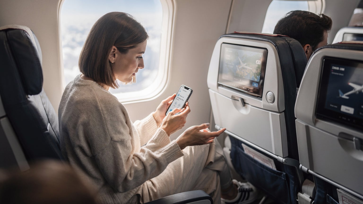 Uçakta bir yolcu, koltuk arkası ekranda seyahat güzergahını incelerken, akıllı telefonunda bir eSIM uygulamasından veri paketlerini karşılaştırıyor.