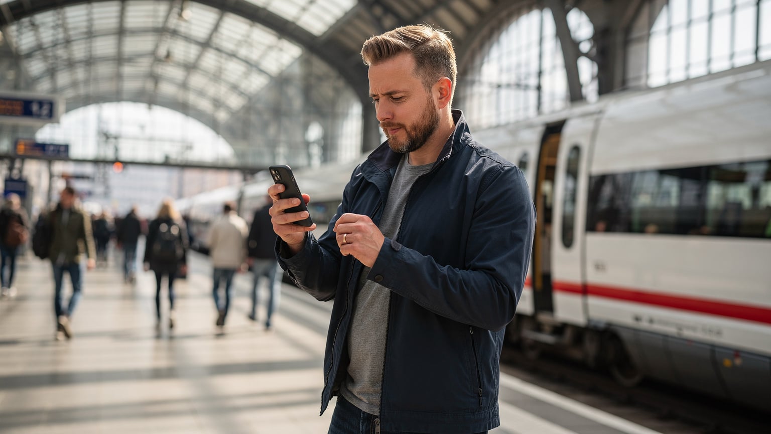 Bir mühendis, Berlin Hauptbahnhof'un hareketli platformunda akıllı telefonundaki hız testini dikkatle inceliyor, arka planda bir ICE treni beliriyor.