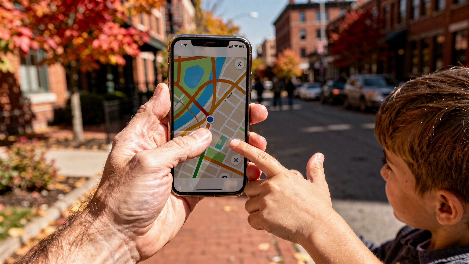 Uma mão de adulto segurando um smartphone com um aplicativo de mapa digital aberto, apontando para um ponto de interesse em uma rua movimentada de uma cidade americana durante o outono. Folhas coloridas de árvores e edifícios históricos podem ser vistas ao fundo, enquanto uma mão infantil se estende curiosamente ao lado, também apontando para a tela.