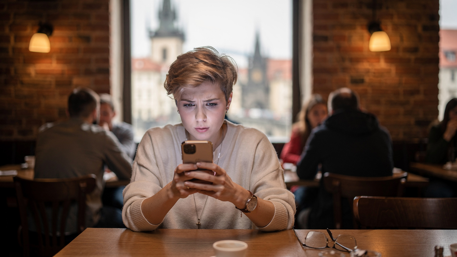 Cestovatelka drží mobilní telefon a porovnává tarify eSIM v rušné kavárně v Praze, s pohledem na staré město.