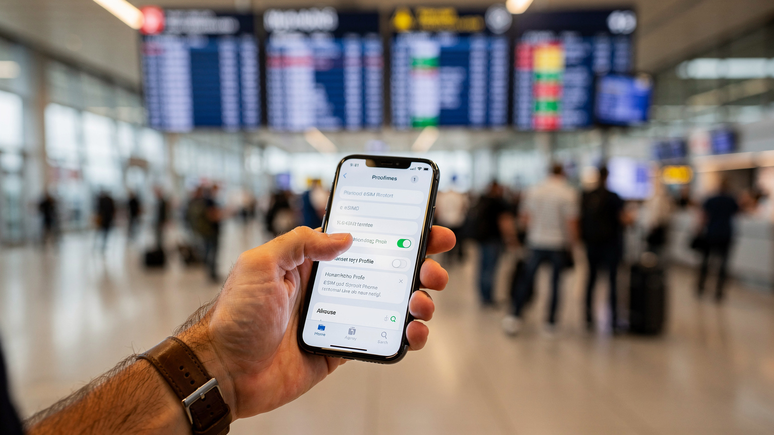 Ruka cestovatele drží chytrý telefon a ukazuje aktivní eSIM profil na letišti Václava Havla v Praze, s informačními tabulemi v pozadí.