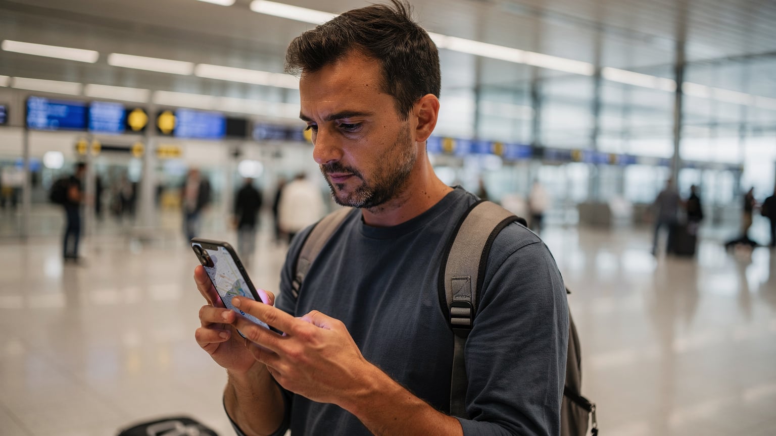 Un viaggiatore utilizza lo smartphone per consultare una mappa mentre si trova in una affollata area di transito all'Aeroporto di Fiumicino, Roma.