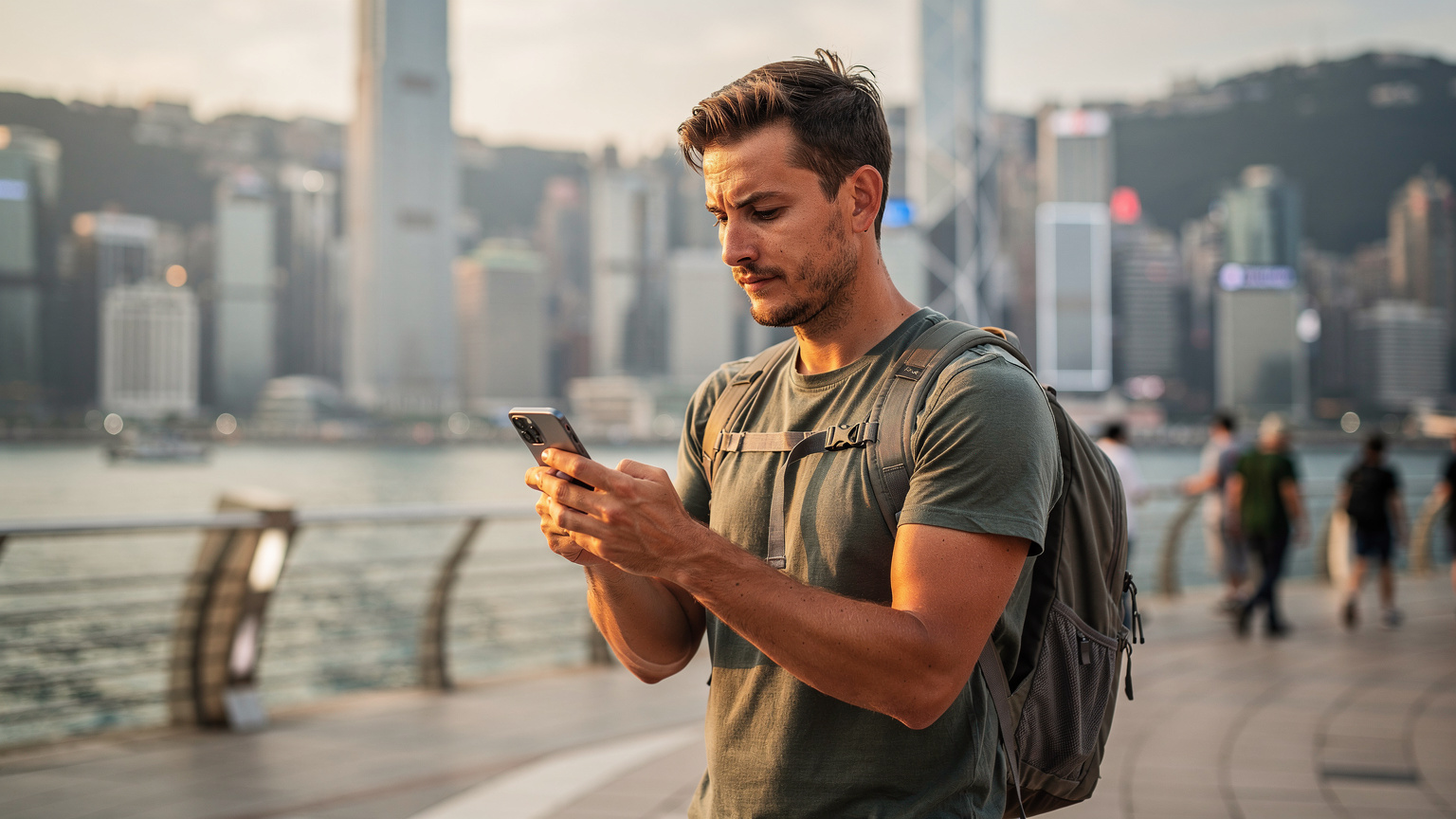 Ένας ταξιδιώτης με ένα smartphone στο χέρι, σαρώνει έναν κωδικό QR για να ενεργοποιήσει μια eSIM, ενώ βρίσκεται στο πολυσύχναστο λιμάνι Victoria Harbour στο Χονγκ Κονγκ, με φόντο τον ορίζοντα.