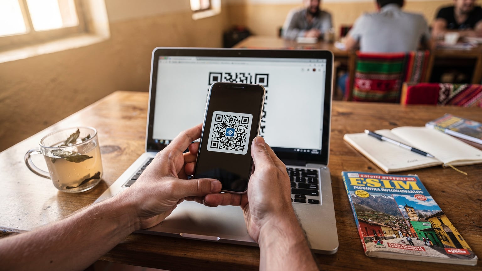 Close-up shot of a traveler's hands holding a smartphone, with a QR code for eSIM activation displayed on a laptop screen in a well-lit hostel common area.