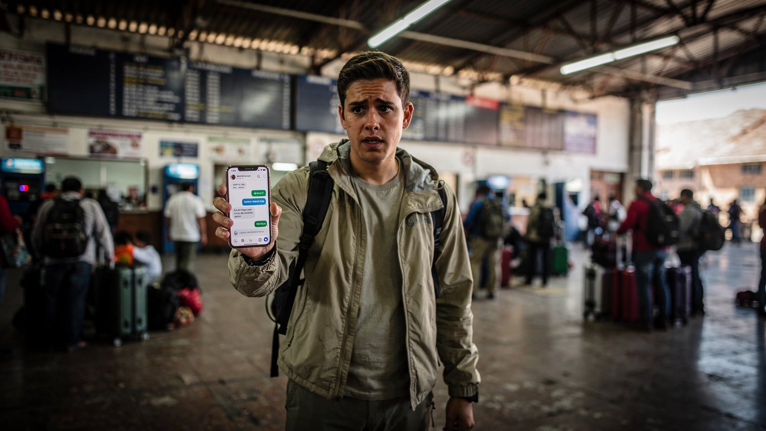 A traveler at a busy bus terminal in La Paz, holding their phone and looking slightly confused, but with an open messaging app on screen suggesting connectivity.