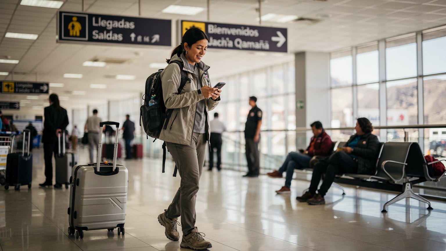 A traveler confidently checking their phone while walking through the arrivals hall of El Alto International Airport in La Paz, having just landed.