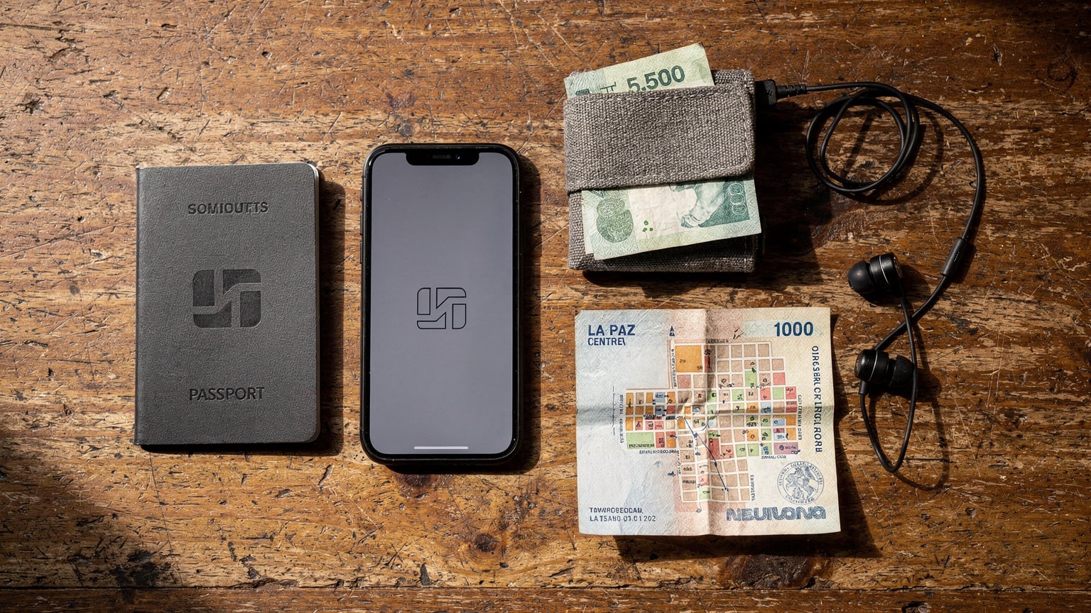 An editorial overhead flat-lay of travel essentials: a passport, a smartphone with an eSIM logo visible on the screen, a small travel wallet with Bolivian currency, and a map snippet of La Paz, all on a rustic wooden table.