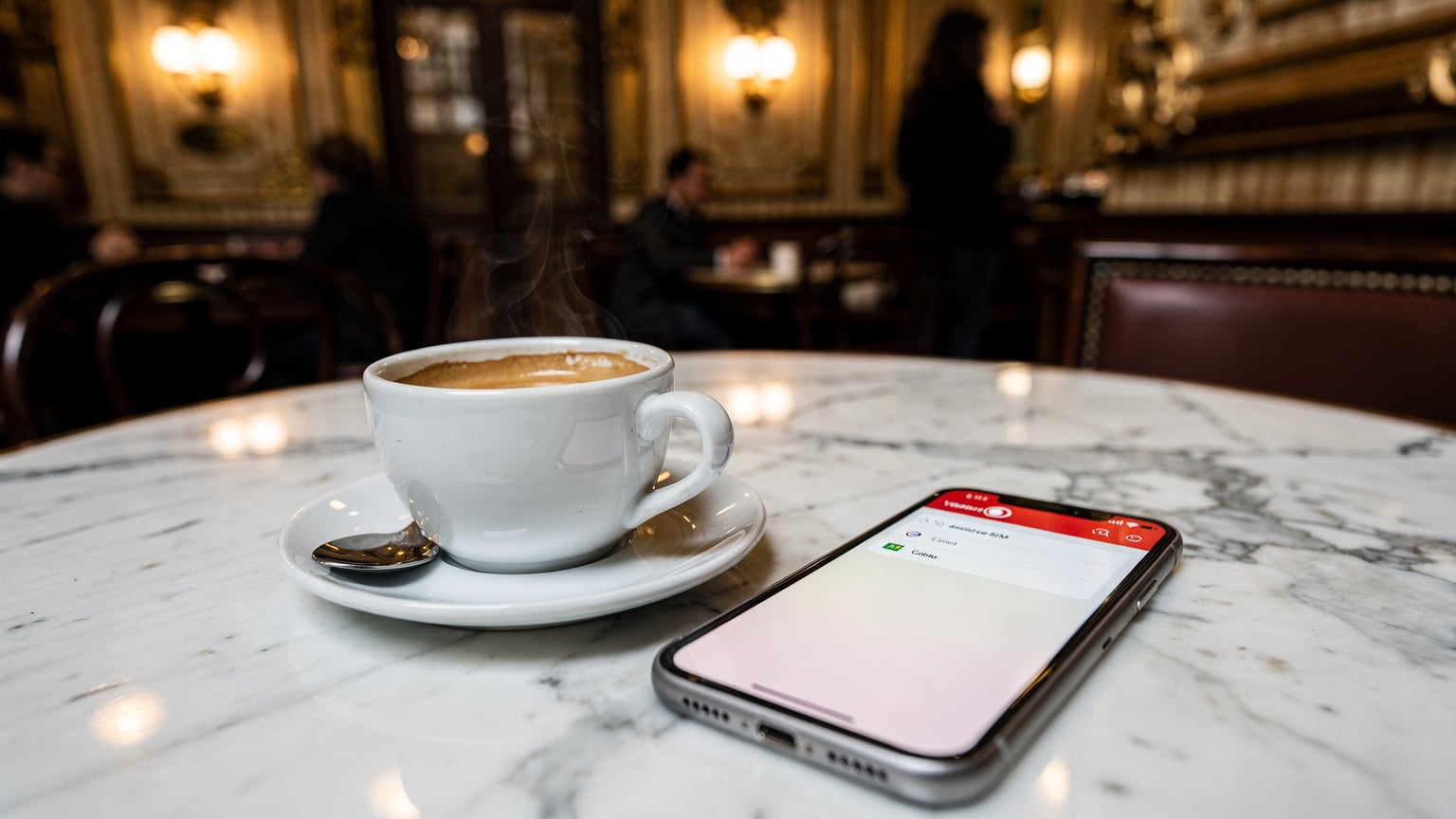 Un caffè tradizionale italiano, con un espresso fumante e un telefono con l'eSIM di Vodafone visibile sullo schermo, su un tavolo di marmo in una storica caffetteria milanese.