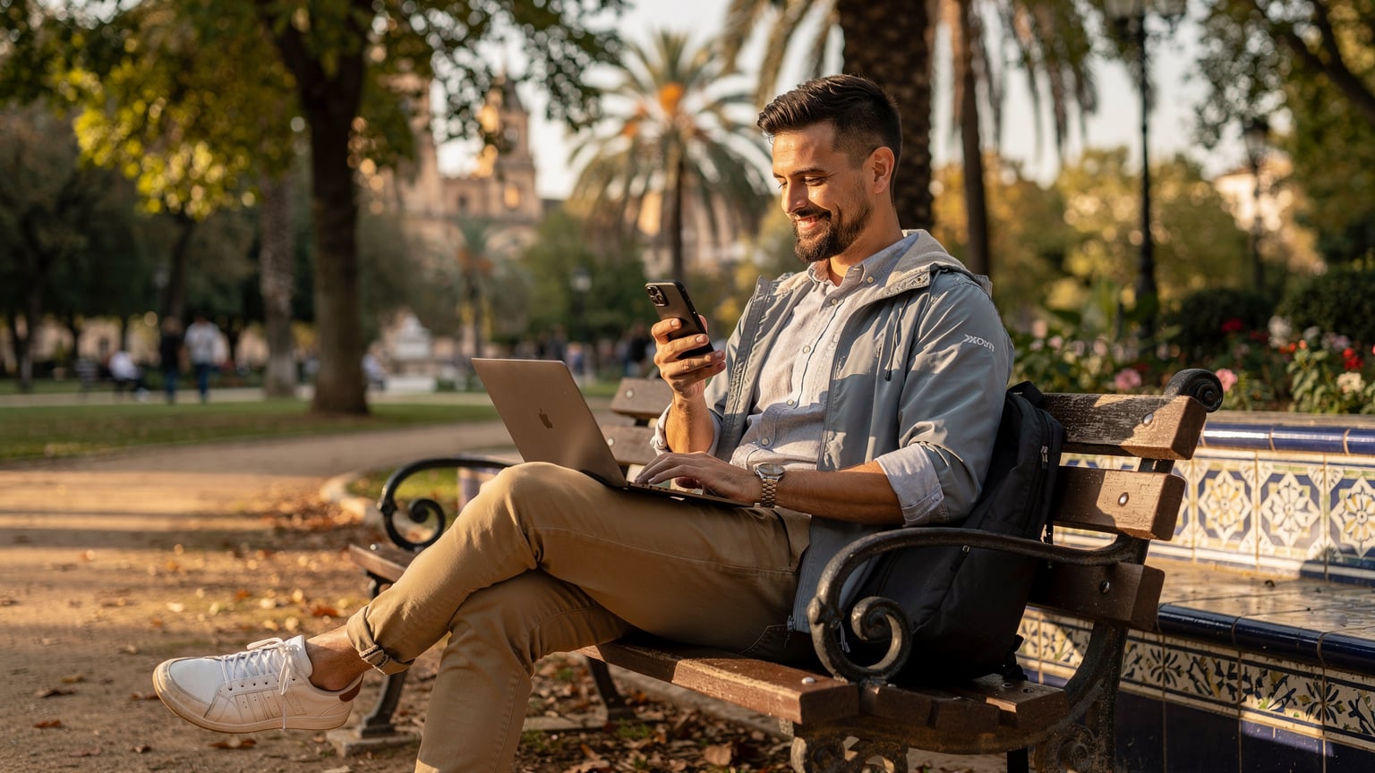 Un traveler seduto su una panchina in un parco pubblico, con il laptop aperto e un telefono in mano, sorride mentre una connessione eSIM stabile gli consente di lavorare all'aperto a Siviglia.