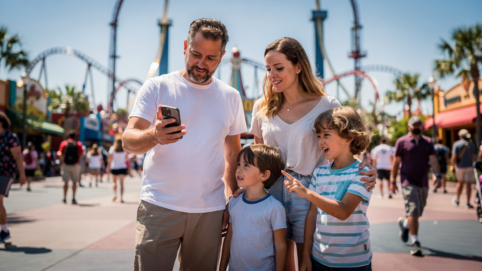 En travel familie med to barn navigerer gjennom en fornøyelsespark i Orlando, Florida, hvor en av foreldrene sjekker køtider på telefonen ved hjelp av en park-app.