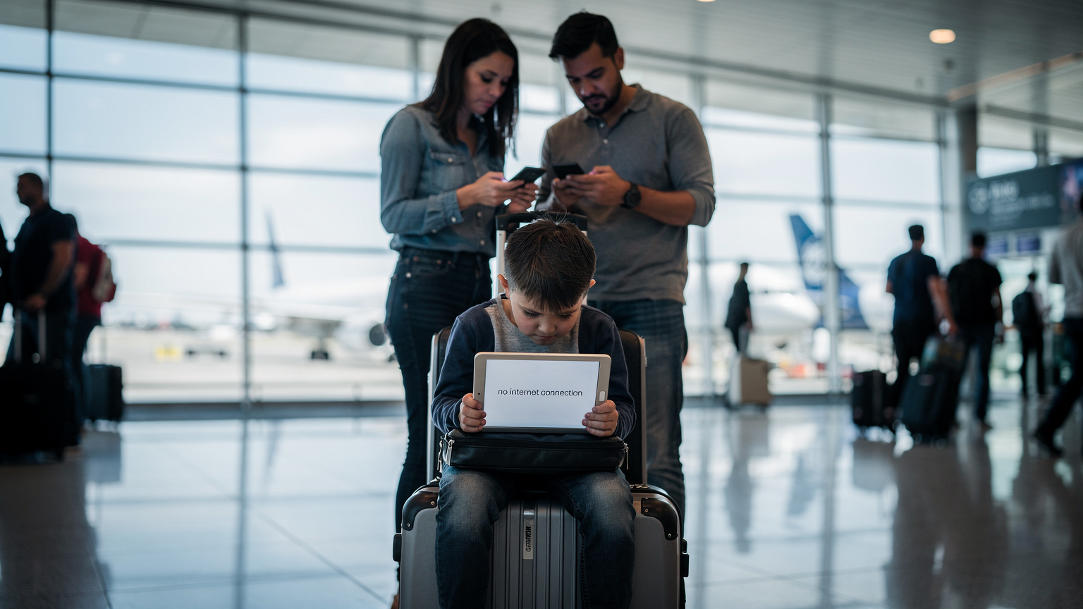 Et barn stirrer på en iPad med tapt forbindelse i en travel flyplassterminal, mens foreldrene febrilsk prøver å finne en løsning på telefonene sine.