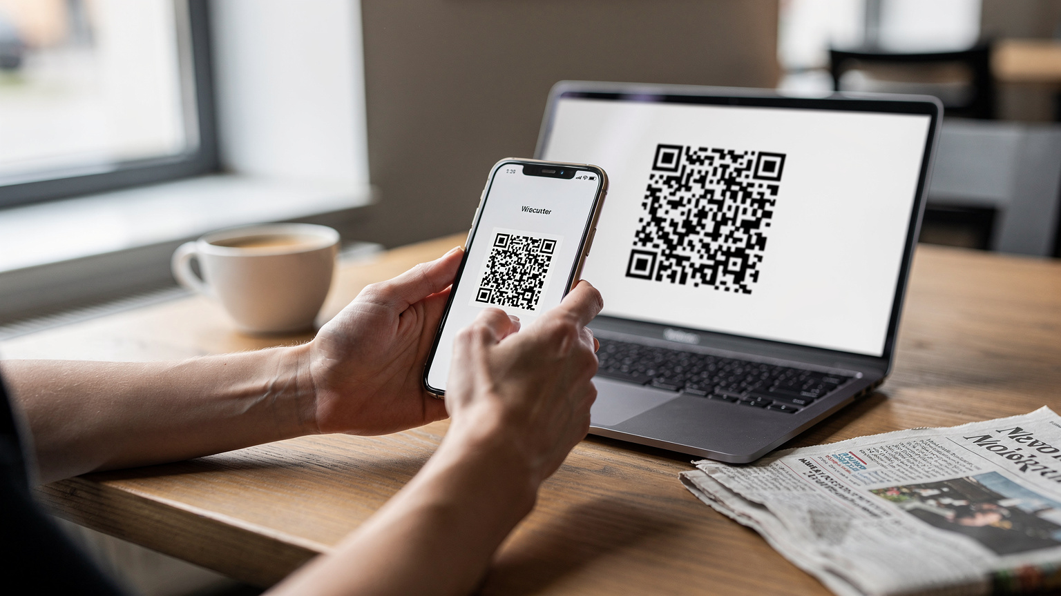 Kobieta skanująca kod QR eSIM na smartfonie, w tle laptop z instrukcją.