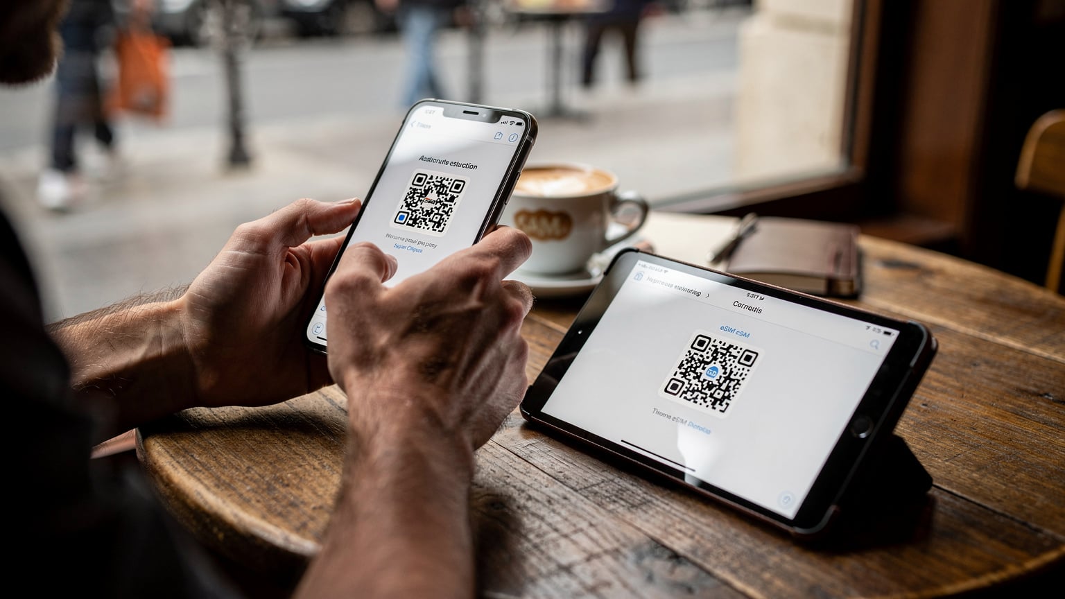 Paris'teki tarihi bir kafenin ahşap masasında, bir gezgin dizüstü bilgisayarının yanında telefonunu tutarak Cellesim uygulamasından bir QR kodunu tarayarak eSIM io paketini yüklüyor.