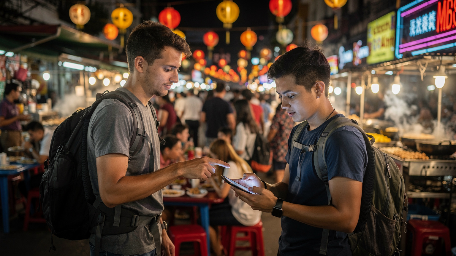 Seorang pengembara sedang menunjuk ke arah peta digital di telefonnya kepada rakannya, di tengah-tengah pasar malam yang sibuk di Jalan Alor, Kuala Lumpur, dengan cahaya terang dari gerai makanan.