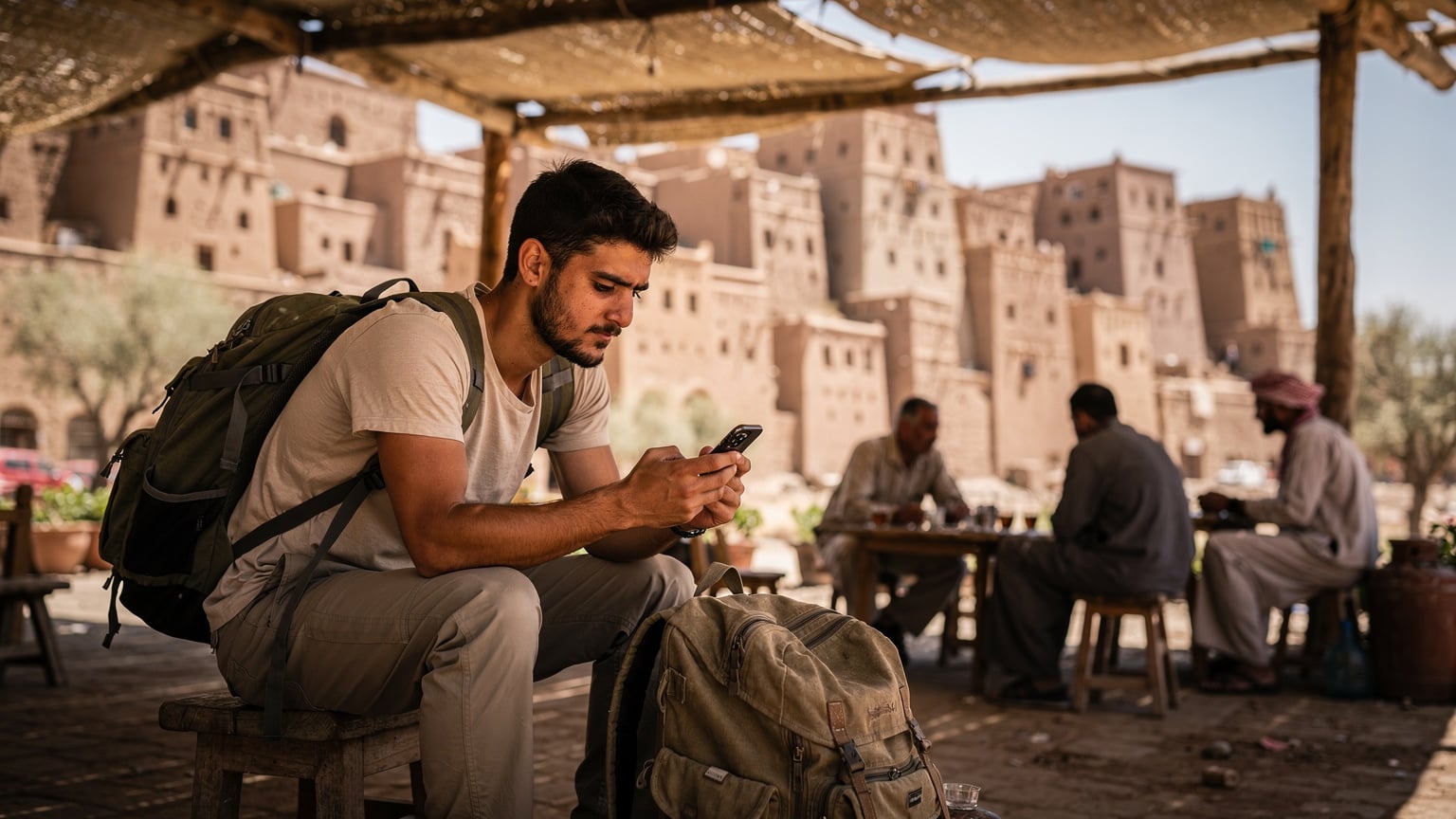 Yemen'in Shibam şehrindeki tarihi kerpiç evlerin gölgesinde oturan genç bir gezgin, telefonundan internet paketi karşılaştırması yapıyor. Yerel halkın oturduğu bir çay bahçesinde.