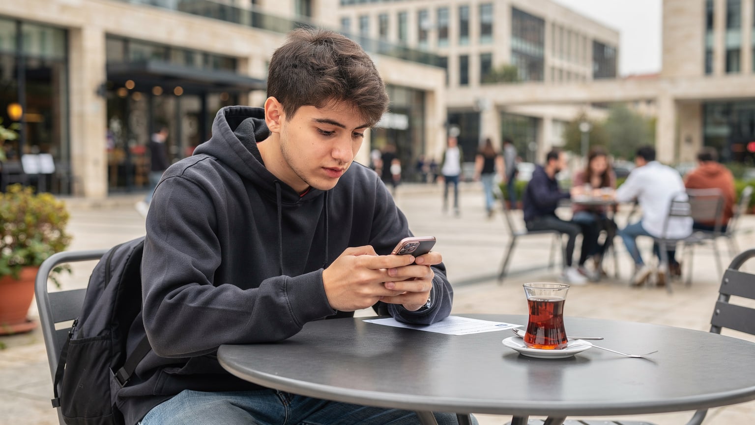 Bir öğrenci, Ankara'daki bir ders molasında, çay içerken telefonundan eSIM ayarlarını kontrol ediyor. Arkasında kampüs ortamı var.