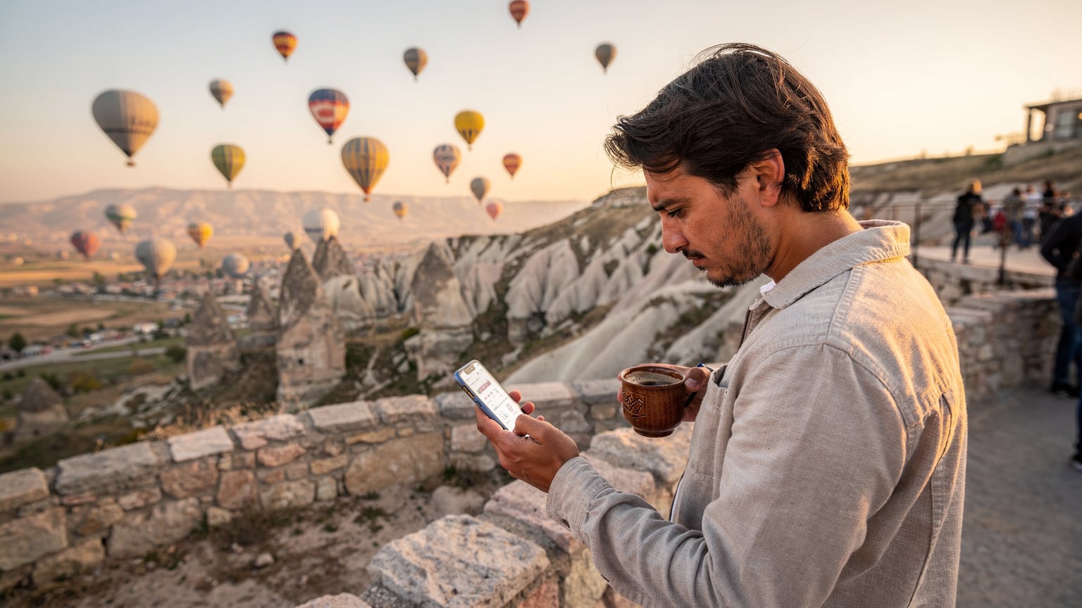 Kapadokya'da sıcak hava balonları yükselirken, bir gezgin telefonundaki veri kullanımını kontrol ediyor. Manzara büyüleyici.