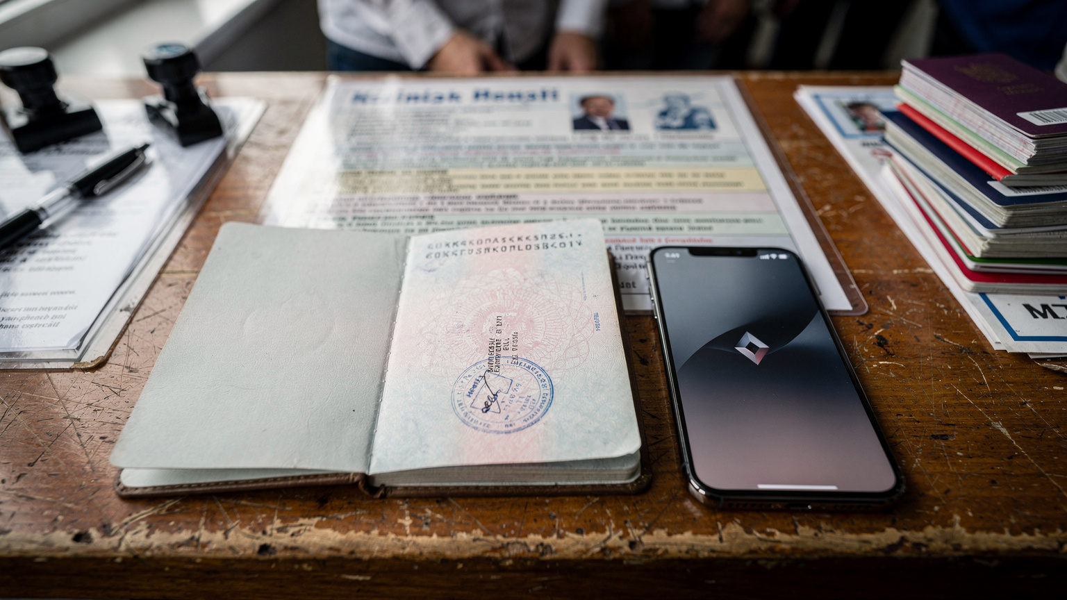 Pas s albánským razítkem a chytrý telefon s logem Cellesim leží na dřevěném stole v hraniční kontrole na hraničním přechodu Muriqan v Albánii. V pozadí je rozmazaná fronta cestovatelů.
