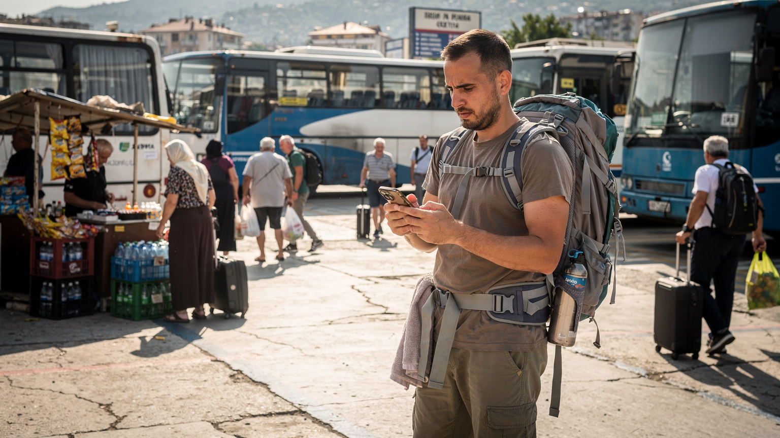 Cestovatel s batohem na zádech si prohlíží telefon s aktivní eSIM, zatímco stojí v rušném autobusovém terminálu v Tiraně, Albánie, obklopen místními.