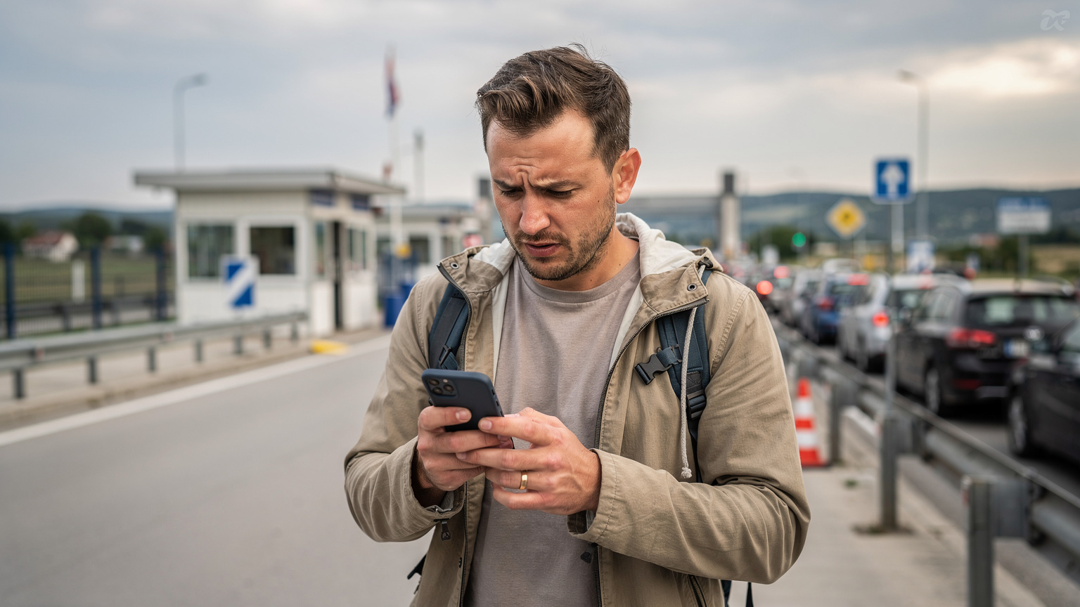 Cestující zírá s ustaraným výrazem na svůj telefon na hranici mezi Chorvatskem a Bosnou a Hercegovinou, s hraniční kontrolou v pozadí.