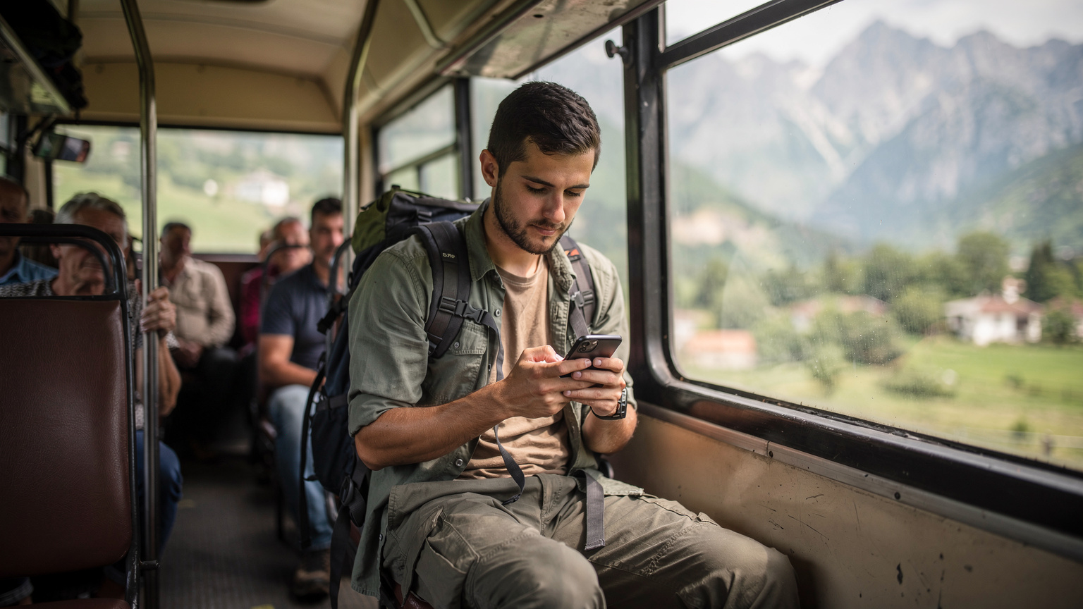 Cestovatel s chytrým telefonem sedí v přeplněném autobuse na venkově v Albánii a zkoumá si možnosti eSIM dat v aplikaci.