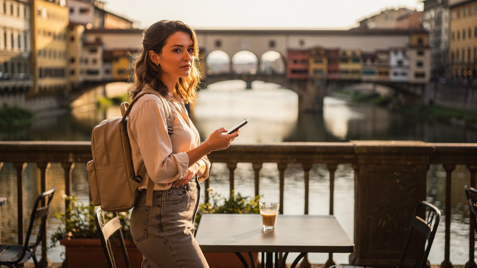 Traveler checking phone with Ponte Vecchio in background, contemplating eSIM connectivity for 2026.