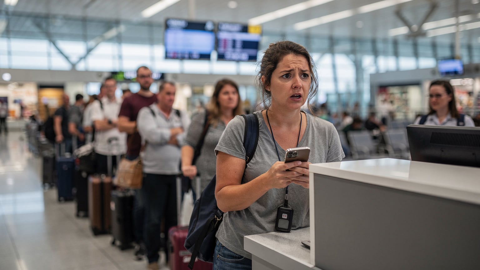 Uma mulher com expressão desorientada e frustrada, segurando seu telefone na mão, em frente a um balcão de atendimento de uma operadora de telefonia em um aeroporto movimentado. Uma fila de pessoas impacientes se forma atrás dela.