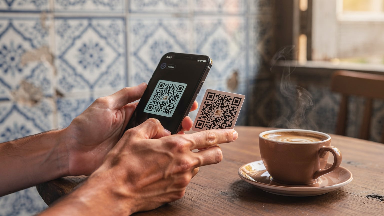 Mãos de uma pessoa segurando um smartphone, escaneando um código QR para ativar um eSIM, em um café charmoso com azulejos portugueses na cidade histórica de Olinda, Pernambuco.