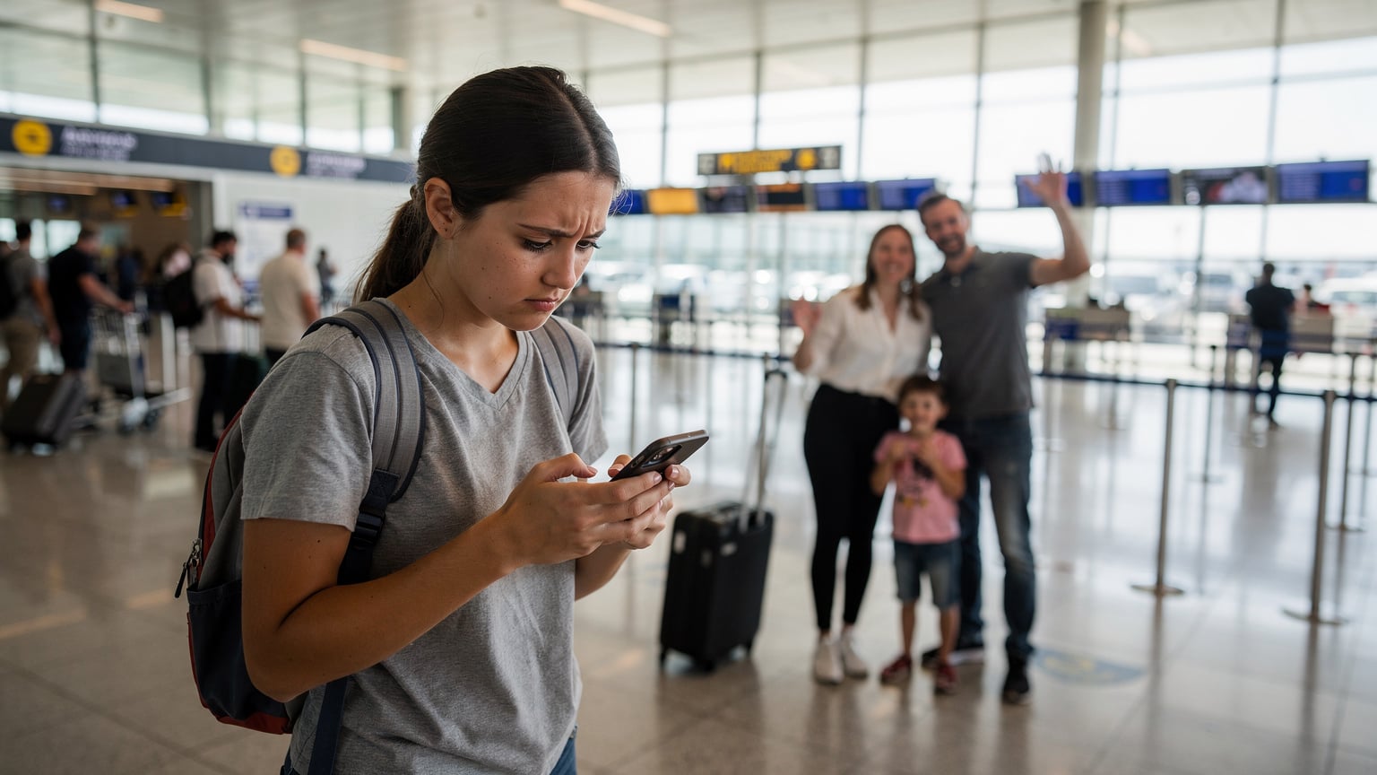 Uma mulher jovem, com uma mochila pequena, está verificando ansiosamente seu telefone na área de desembarque de um aeroporto internacional movimentado. Ao fundo, uma família (pai, mãe e criança pequena) acena e a aguarda, visivelmente feliz por reencontrá-la.