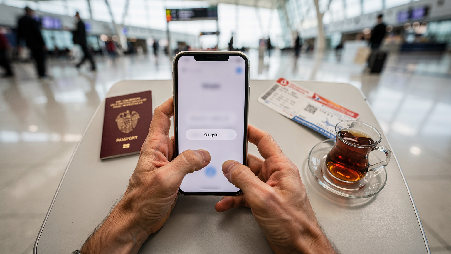 A close-up of a traveler's hands in a bustling Istanbul airport terminal, trying to log in on their smartphone. A Turkish passport and a cup of tea are visible nearby.