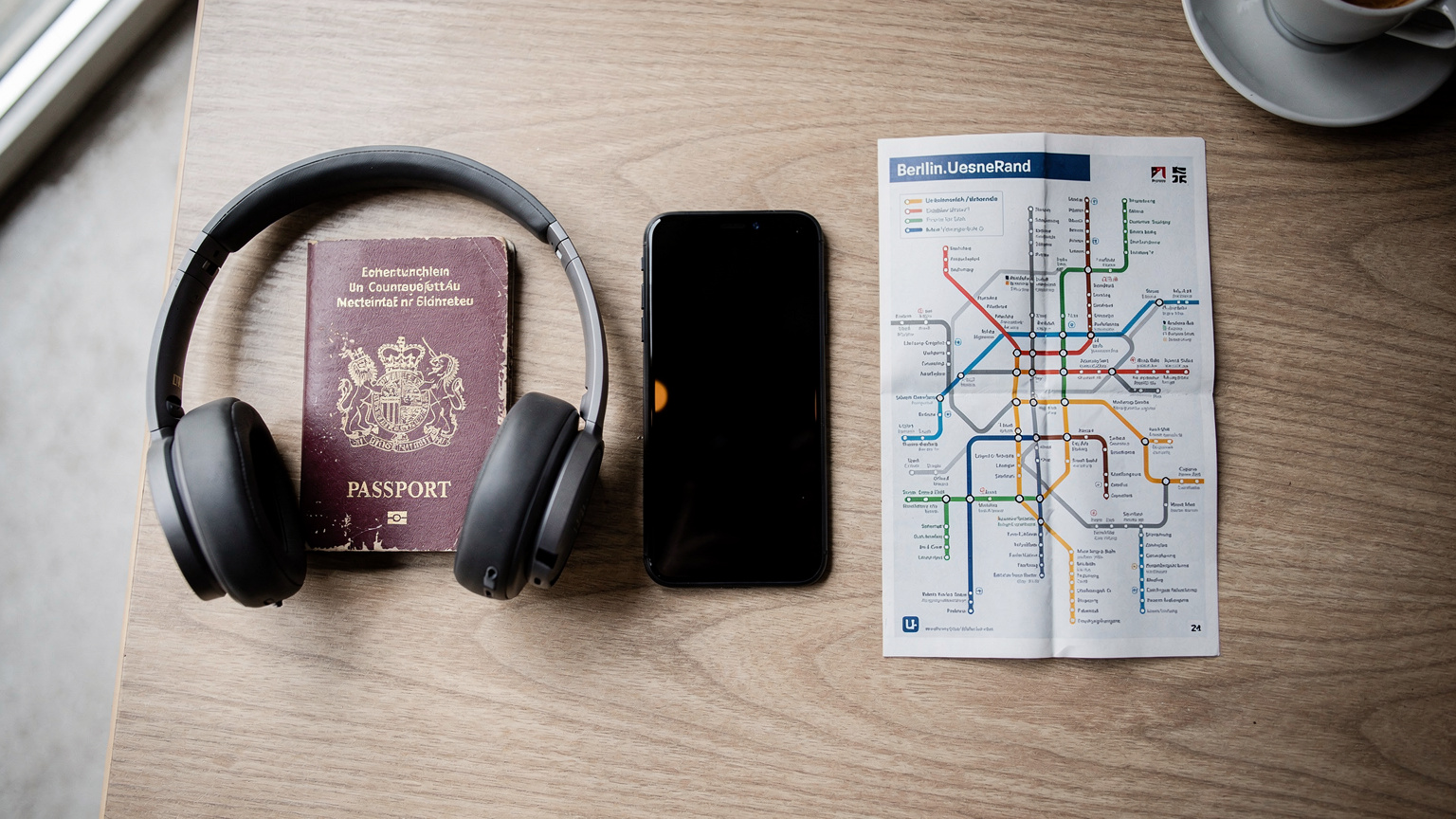 Overhead flat-lay of travel essentials including a passport, smartphone, headphones, and a Berlin transit map on a café table.