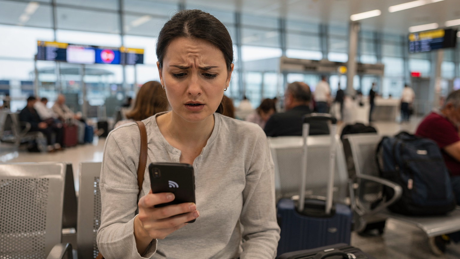 A frustrated traveler at an airport gate, looking at her smartphone with a 'No Service' icon, surrounded by other waiting passengers.