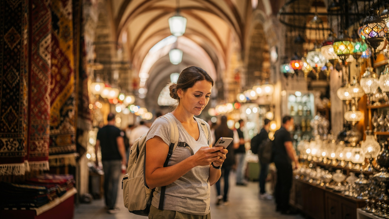 A digital nomad in a bustling Istanbul Grand Bazaar, checking directions on her phone, with vibrant textiles and lamps in the background.