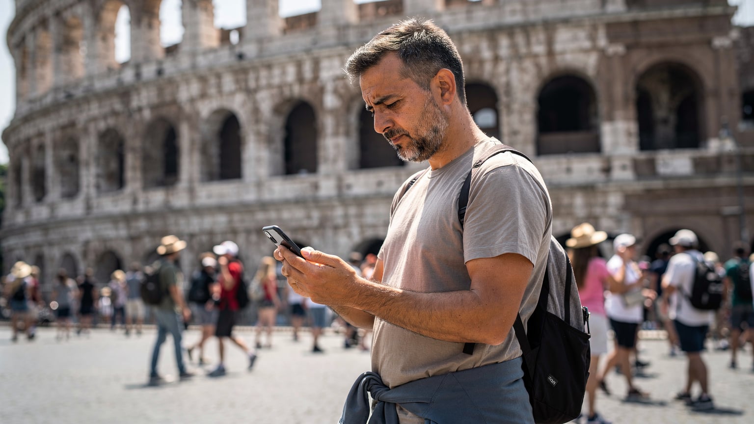 Roma'da Colosseum önünde, elindeki akıllı telefonda Speedtest uygulamasının sonuçlarını kontrol eden bir aile reisi. Arka planda tarihi yapı ve kalabalık turistler görünüyor.