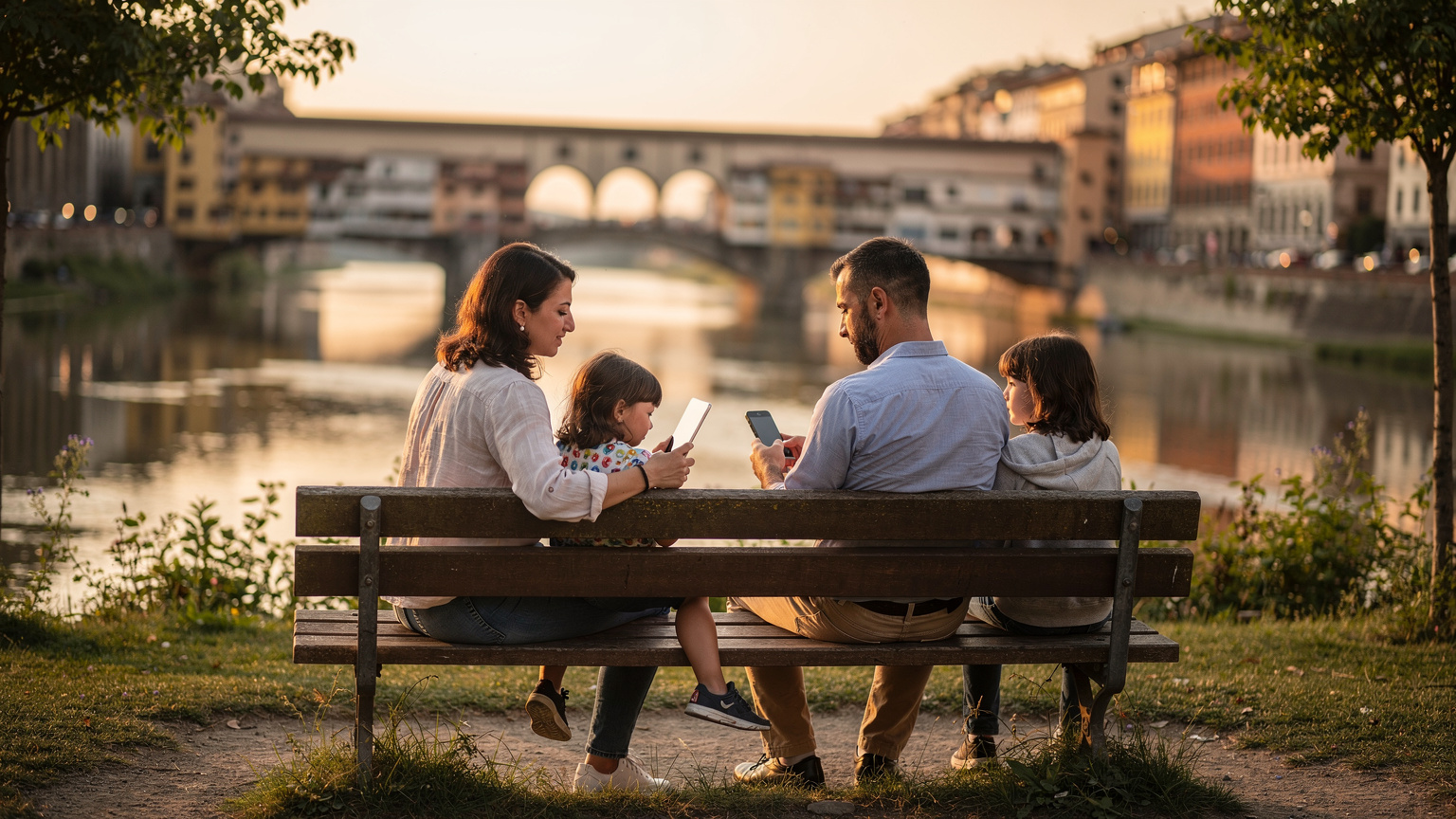 Floransa'da Arno Nehri kıyısında, bir park bankında oturan bir aile. Anne, çocuğuna tabletinden bir harita uygulamasını gösteriyor, baba ise telefonunda bir restoran rezervasyonu yapıyor.