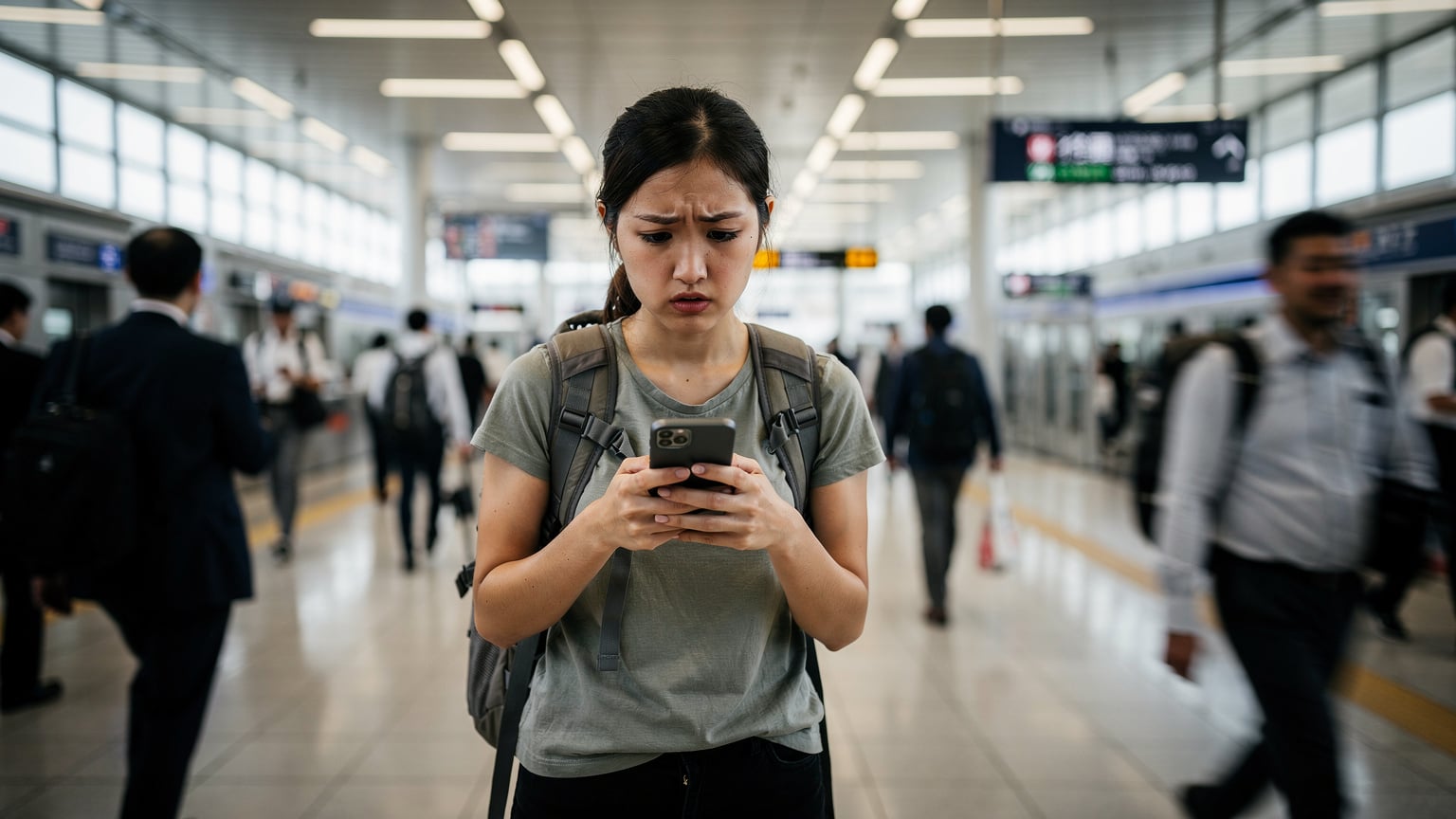 Asya'da hareketli bir tren istasyonunda, bir gezginin elinde akıllı telefon, internet bağlantısı sorunları yüzünden endişeli bir şekilde ekrana bakıyor.