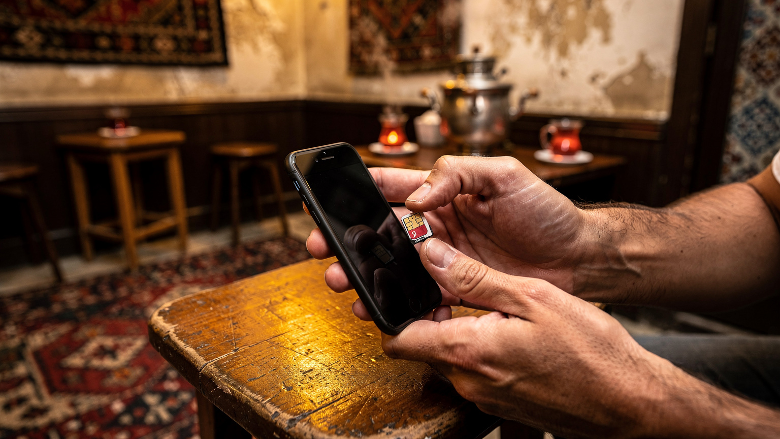 A close-up shot of a traveler's hands, holding a smartphone, with a local sim card tray being carefully inserted. The background shows the interior of a small, traditional Turkish tea shop (çay ocağı).