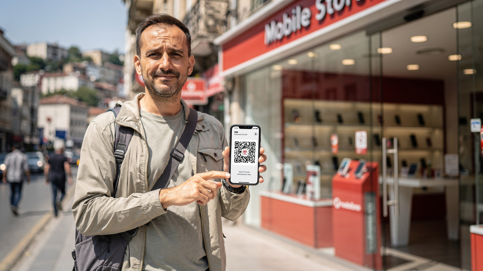 A traveler holds their smartphone, displaying a QR code, while standing in front of a bustling Vodafone Türkiye store in central Istanbul, looking slightly confused.